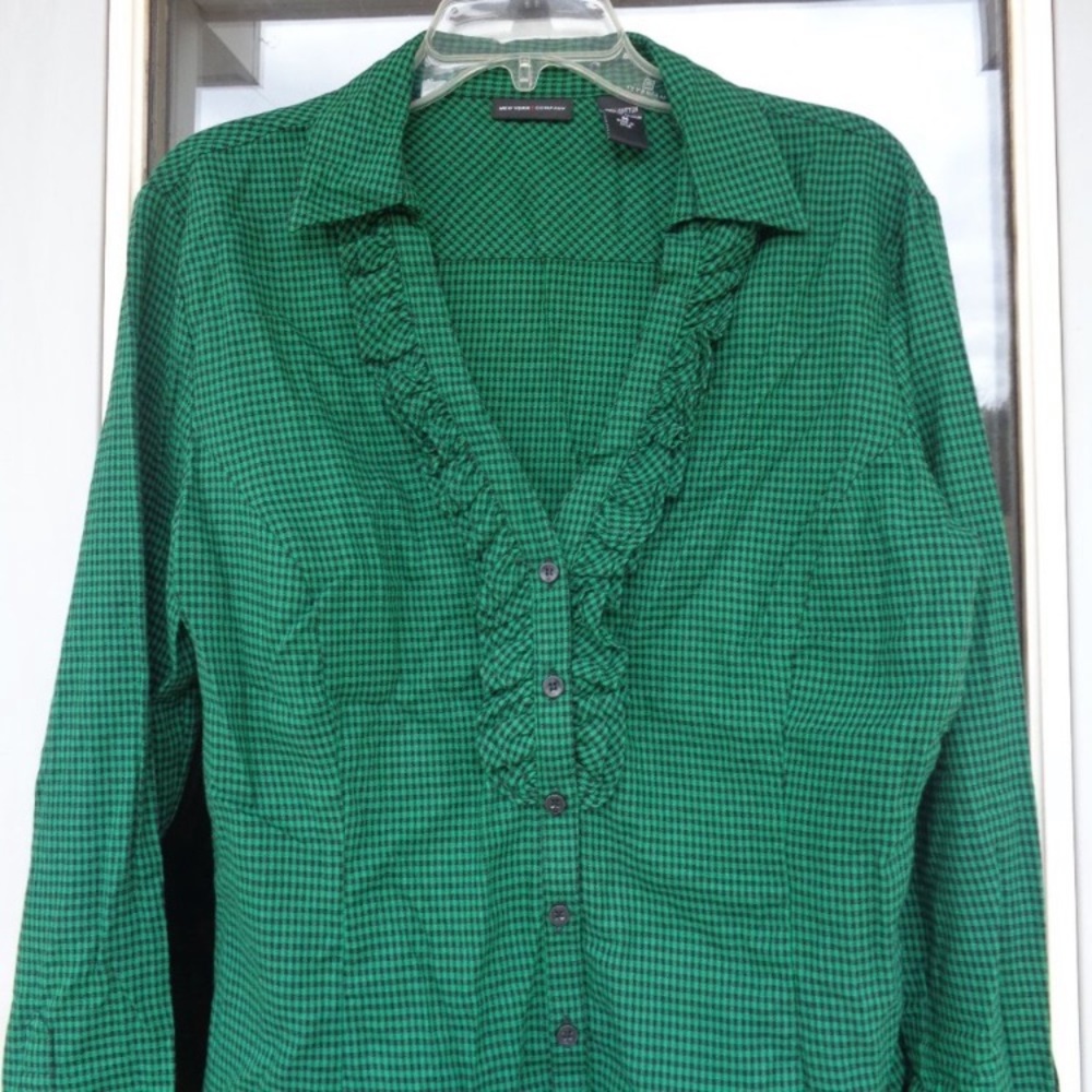 NY & Co plaid button down cotton shirt w ruffle details size M